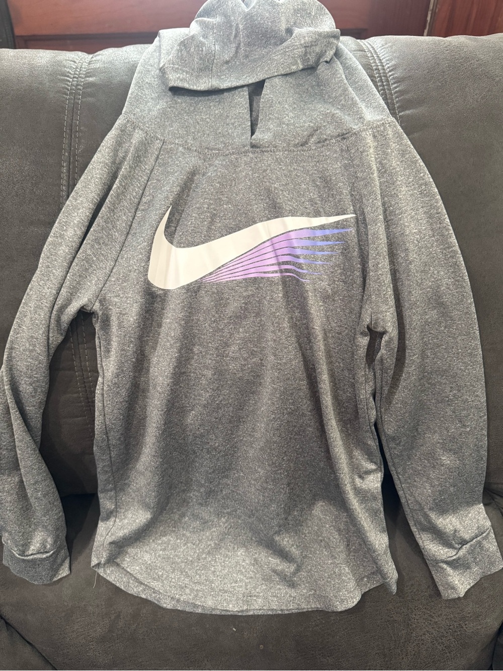 Nike Gray Hoodie with White and Purple Swoosh Accent
